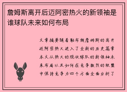 詹姆斯离开后迈阿密热火的新领袖是谁球队未来如何布局